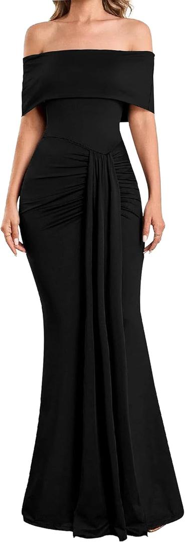 YMDUCH Women's Elegant Off Shoulder Sleeveless Ruched Bodycon Long Formal Evening Weeding Dress (X-Large, Black)