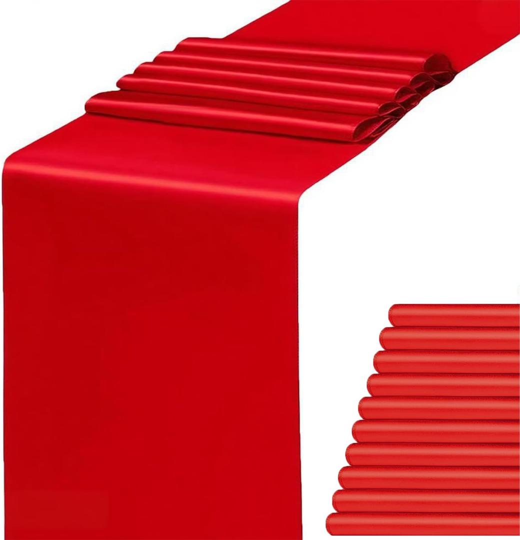 Satin Red Table Runners 10 Pack - Wedding Table Runner 12 x 108 Inches Long for Weddings Party Birthday Bridal Shower Christmas Anniversary Events Decorations