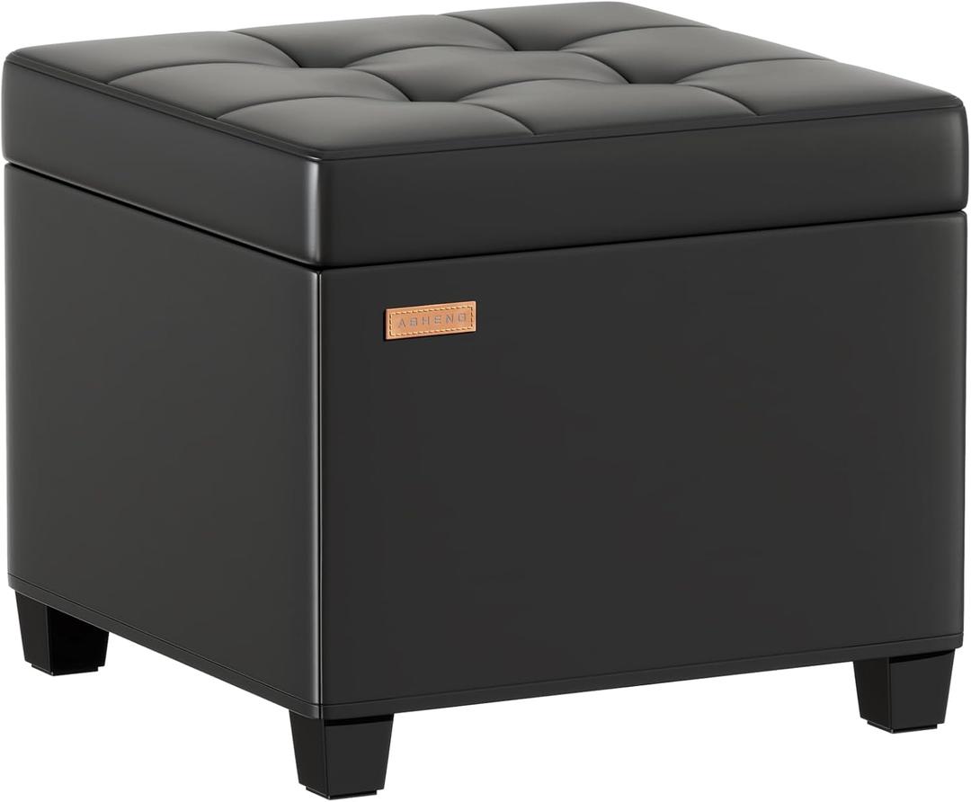 Adeco Storage Ottoman Foot Rest Stool, Leather Ottoman Footstool with Wood Legs and Hinged Lid, 18" Small Foot Stool Bench for Living Room, Bedroom, Black