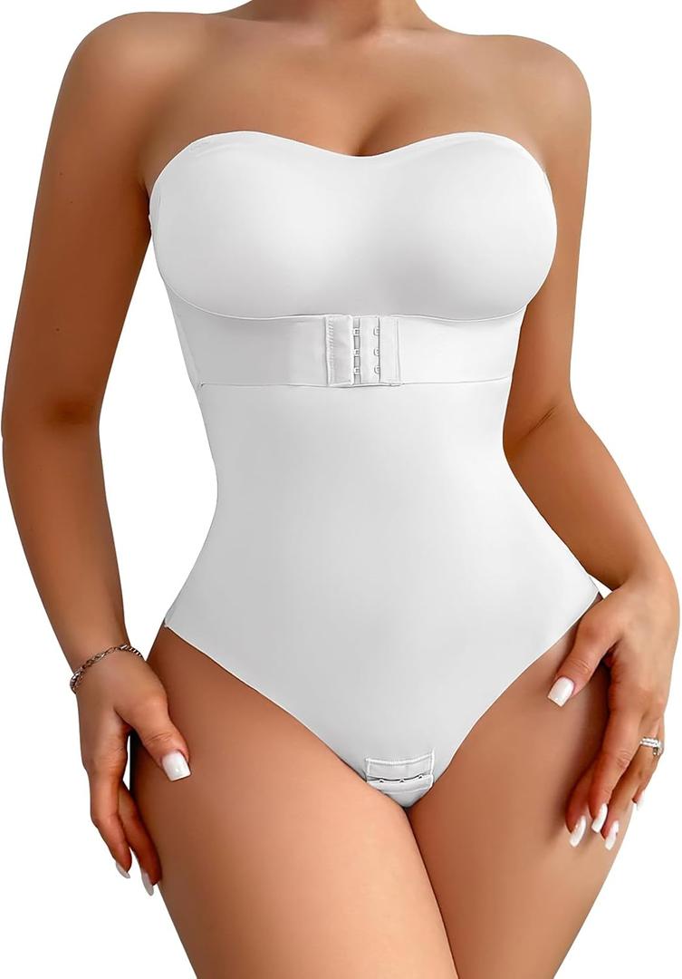 Shapewear Bodysuit Tummy Control Strapless Bra Shapewear for Women Strapless Faja Body Shaper Thong Light Shapewear White M (White)
