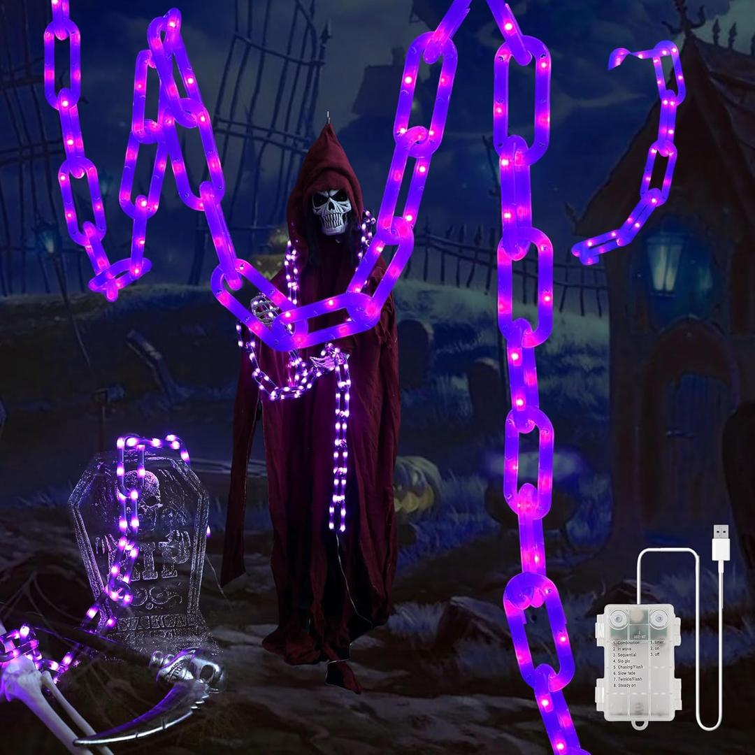 10.4 Ft Plastic Chain String Lights For Halloween Decorations,USB & Battery 175 LED Chain Lights with Timer,Purple Light 8 Modes Waterproof for Halloween Indoor Outdoor Skeleton Dog Party Decor