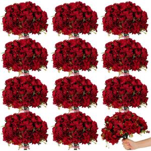 XunYee 12 Bundles Burgundy Artificial Flowers Bulk Wedding Decorations Favors Red Roses Fake Silk Flowers Bouquets Realistic Florals Arrangements Decor for Outdoor Wedding Table Centerpieces, Red, 12
