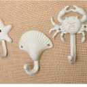 MY MIRONEY 3-Piece Starfish Seashell Crab Coats Hooks White Beach Ocean Theme Decorative Wall Hooks with Screws