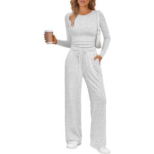 LILLUSORY 2 Piece Lounge Sets for Women Fall Outfits 2025 Two Piece Travel Sweatsuits Business Casual Fashion Clothes (X-Small, Oat Grey)