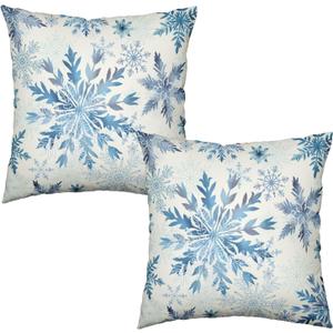 Set of 2 Winter Snowflake Pillow Covers Blue Christmas Decorative Throw Pillow Cases 18x18 Inch Farmhouse Xmas Holiday Outdoor Cotton Linen Pillowcase for Living Room Couch Sofa Decor