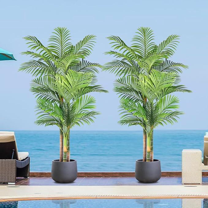 Keeplush 6ft Tall Triple Golden Cane Palm Artificial Tree 72inch Large Tropical Palm Tree UV Resistant Fake Plant in Pot for Indoor Outdoor Big House Living Room Outside Patio Office Home Decor 2Pack