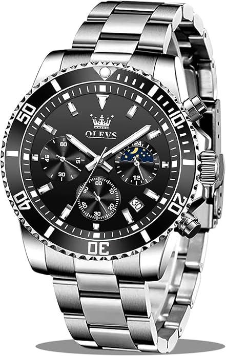 OLEVS Watches for Men, Mens Silver Watch Black Face,Mens Luxury Stainless Steel Dress Waterproof Men's Wrist Watch Chronograph Moon Phase Black Watches for Men with Date Relojes Para Hombres