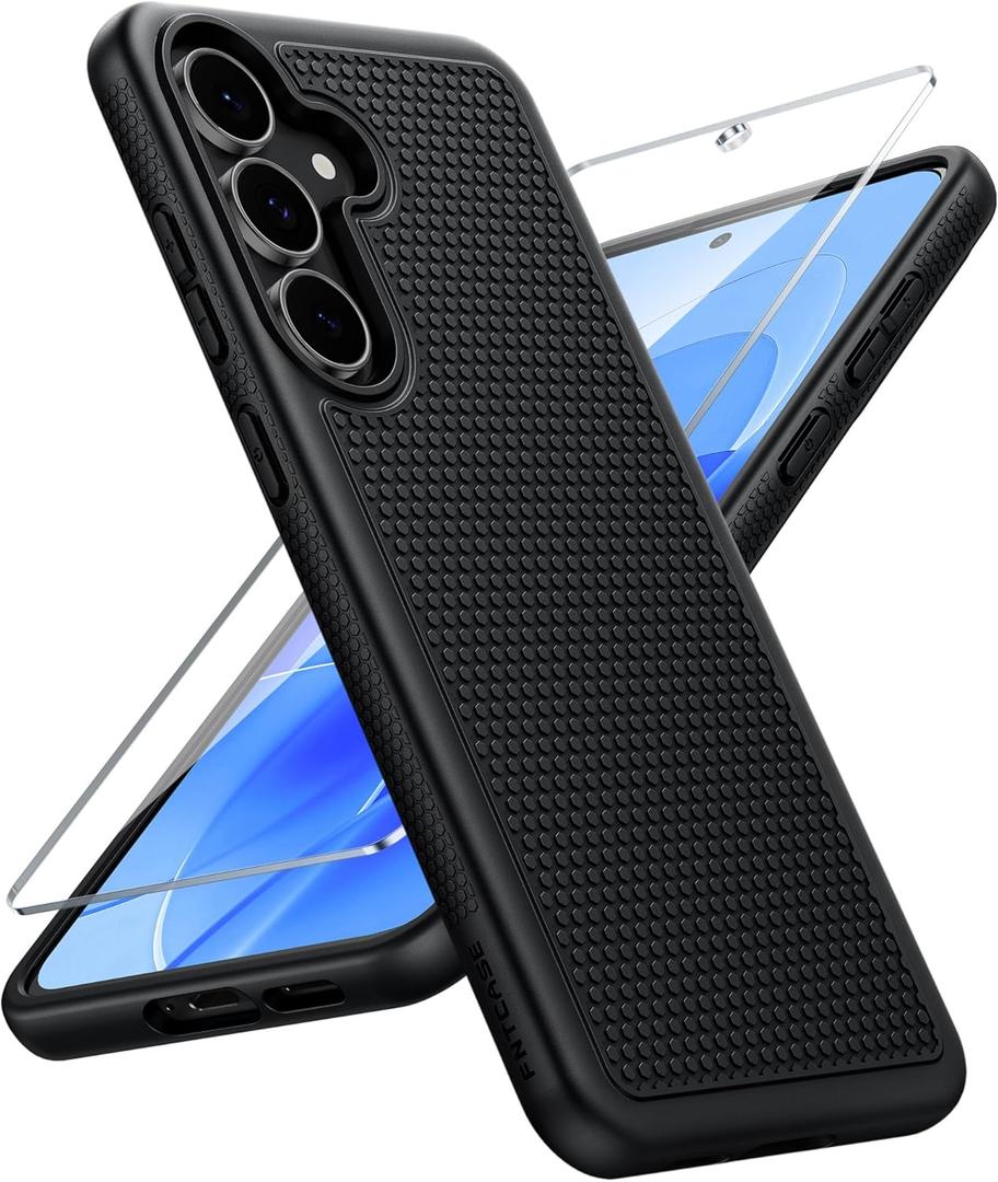 FNTCASE for Samsung Galaxy S25 FE Case - Military Grade Drop Protection, 14ft Drop Tested, Screen Protector Included, Anti-Slip Anti-Fingerprint TPU+PC Shockproof Phone Case Cover for S25FE (Black)