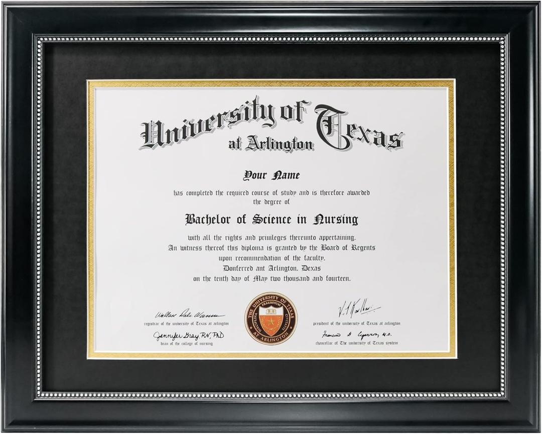 GraduationMall 8.5x11 Diploma Frame with Black over Gold Mat or Display 11x14 Document without Mat, UV Protection Acrylic, Black with Silver Beads (11x14 or 8.5x11 with Mat, Black With Silver Beading)