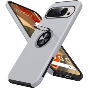 JAME for Google Pixel 9 Pro XL Case, Slim Fit Phone Cover with Metal Ring Holder Kickstand Stand, Dual Layer Military Grade Shockproof Protective Phone Case for Google 9 Pro XL 6.8", Silver