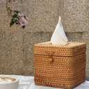 Rattan Tissue Box Cover Natural Woven Facial Napkin Holder Square with Lid 5.7 x 5.7 x 5.5 Inch (Natural)