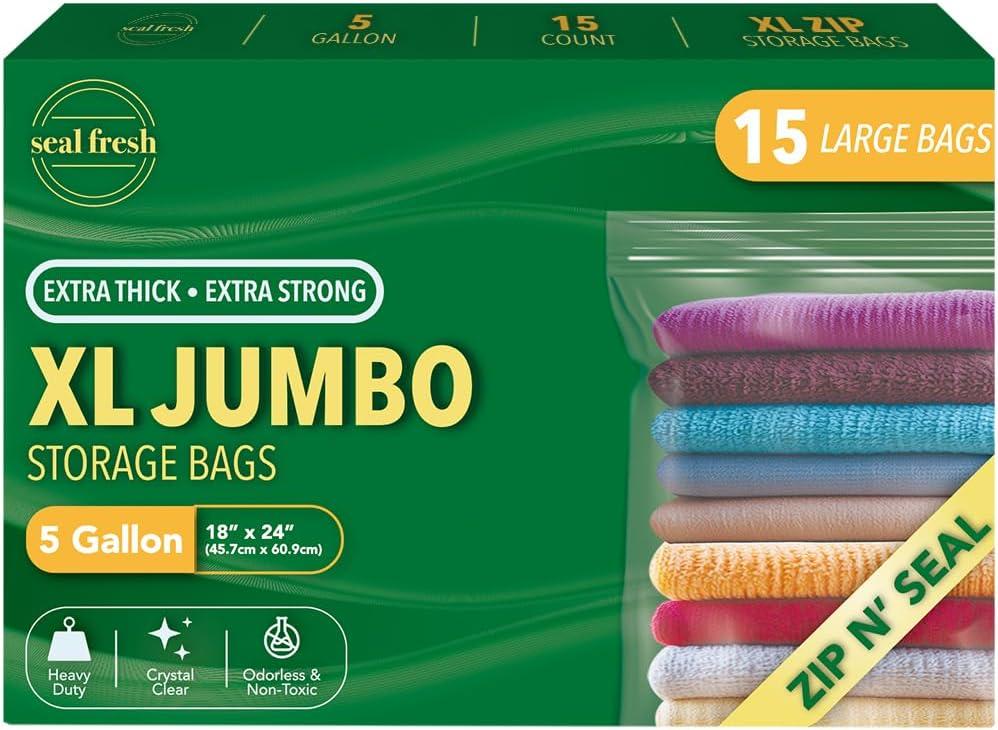 5 Gallon Large Plastic Storage Bags  18" x 24" (15 Count)  Reusuable XXL Extra Large Heavy Duty Clear Jumbo Freezer Zip Bags with Sealable Zipper Top For Clothes, Travel, Moving