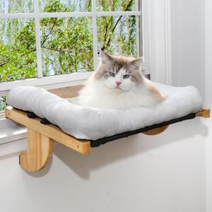 Cat Window Perch, Cat Window Hammock, Adjustable Window Sill Cat Perch with Hardwood and Fluffy Cushion, 2-in-1 use for Window and Bedside, for Large Lats (Original Wood, 25" W16" L)
