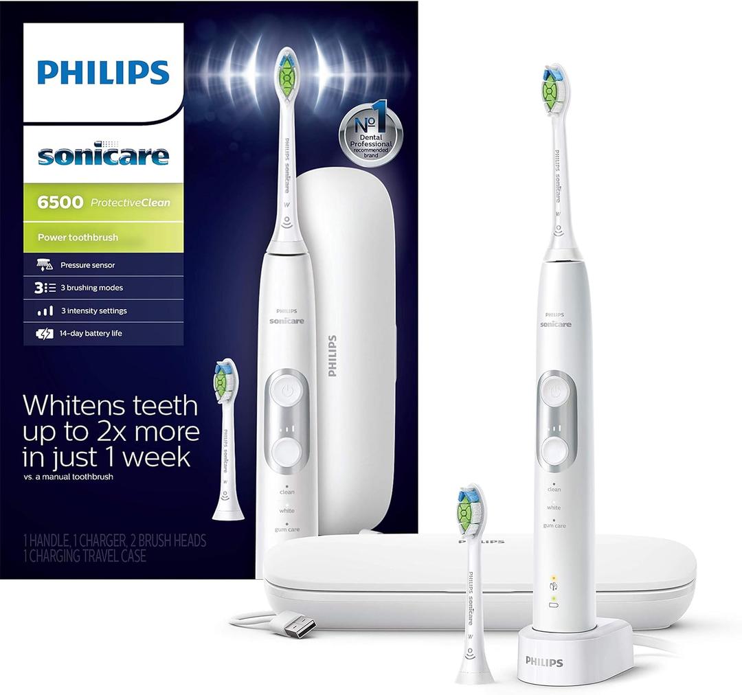 Philips Sonicare ProtectiveClean 6500 Rechargeable Electric Toothbrush, with Pressure Sensor, 3 Cleaning Modes, SmarTimer and QuadPacer, 14-Day Battery Life, Charging Travel Case, White, HX6462/05