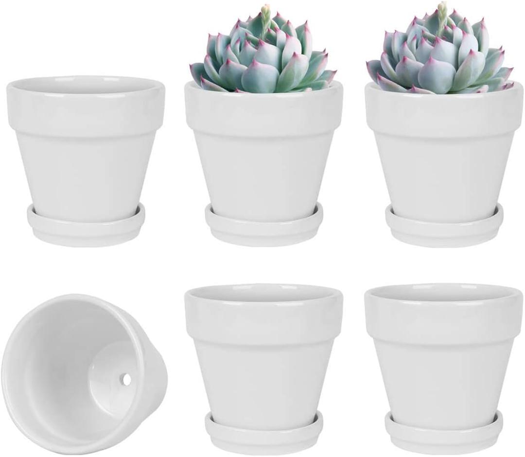 vensovo 4 Inch White Ceramic Pot for Plant with Saucer - 6 Pack Small Ceramic Plant Pot with Drainage Hole, Flower Pot with Tray, Succulent Pot for Indoor Outdoor Plant