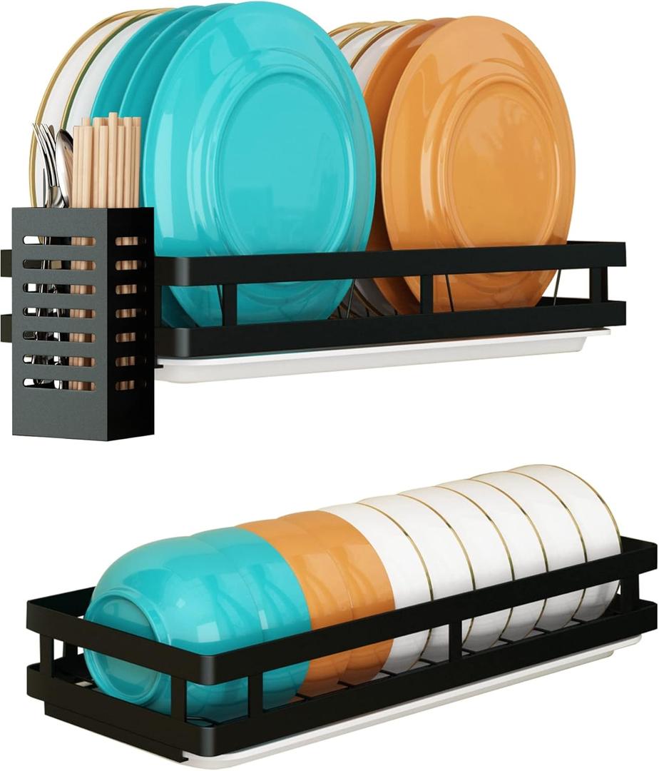 Wall Mounted Stainless Steel Dish Drying Rack Fruit Vegetable Storage Basket with Drainboard and Hanging Chopsticks Cage Kitchen Shelf Utensils Organizer (2 Tier)