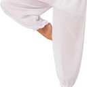 FiwoXam Women's Belly Dance Party Costume Coins Lantern Pants Side Split Sequin Shiny Harem Pants Arabic Halloween Trousers (White, One Size)