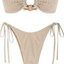 ZAFUL Metal Ring Bandeau Bikini Set Tie Side Bathing Suit High Cut 2 Piece Swimsuit Cutout Swimwear (Medium, Beige)