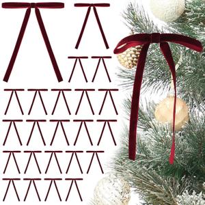 24 Pcs Burgundy Velvet Bows for Christmas Tree,Dark Red Velvet Bows Ornaments Christmas Tree Bow for Gift Wrapping Door Vintage Garland Wreath,Rustic Holiday Decor-3/8'' Wide, 5 x 7 inch