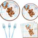 Teddy Bear Baby Shower Decorations Plates Set for 25,Boho Paper Plates Napkins Forks for Boy Brown Blue Tableware Birthday Party Supplies