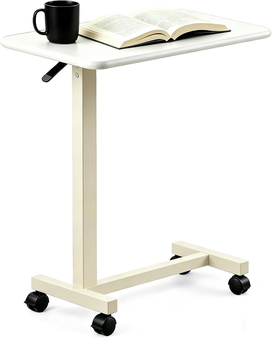 Adjustable Overbed Table with Wheels, Pneumatic Height Lift Rolling Bedside Table, Standing Desk for Home & Office Use, Ideal for Seniors & Limited Mobility(White)