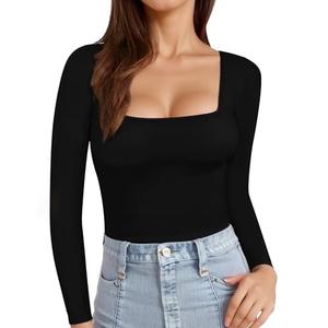 MANGOPOP Womens Long Sleeve Square Neck T Shirts Tops Fitted Tees(Black, X-Small)