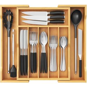 Lifewit Silverware Drawer Organizer, Expandable Utensil Tray for Kitchen, Flatware and Cutlery Holder, Wood Adjustable Storage for Spoons Forks Knives, 13-22x15/ 33-56x38cm, Natural