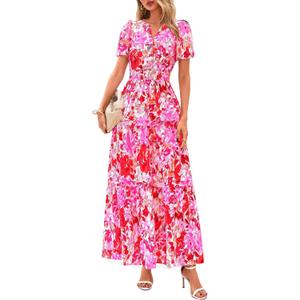 PRETTYGARDEN Women's 2026 Summer Boho Maxi Dresses Floral Short Sleeve V Neck A Line Tiered Flowy Long Beach Vacation Dress, Small