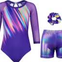 Gymnastics Leotards for Girls With Shorts Sparkly Ballet Dance Long Mesh Sleeve