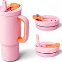 ENCOOL 32 oz Tumbler with Handle and Flip Straw, 100% Resistant Tumbler with Lid and Straw, Insulated Stainless Steel Travel Coffee Mug, Keeps Cold for 24 Hours, Cup Holder Friendly (Blush)