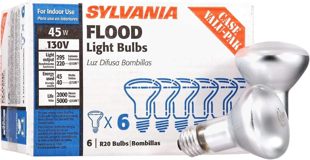 Sylvania Incandescent R20 Flood Light Bulbs, 45W, 230 Lumens, 2850K, Warm White, Value Pack  6 Pack (15676)