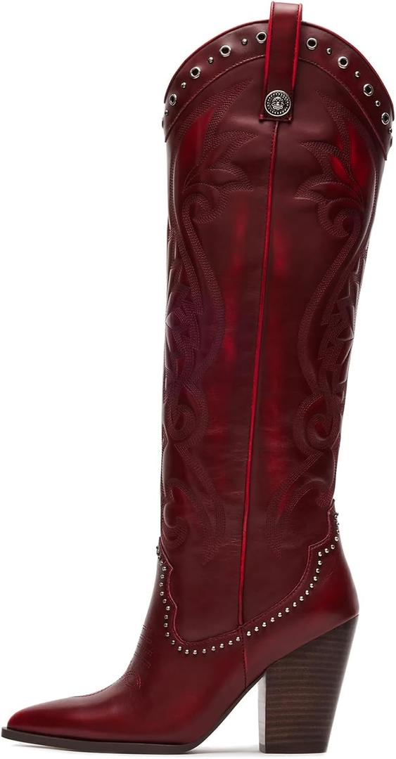 VOMIRA Knee High Cowboy Boots for Women Pointed Toe Chunky High Heels Pull-on Embroidered Boots Western Boots Wide Calf Cowgirl Boots (7.5, Burgundy)