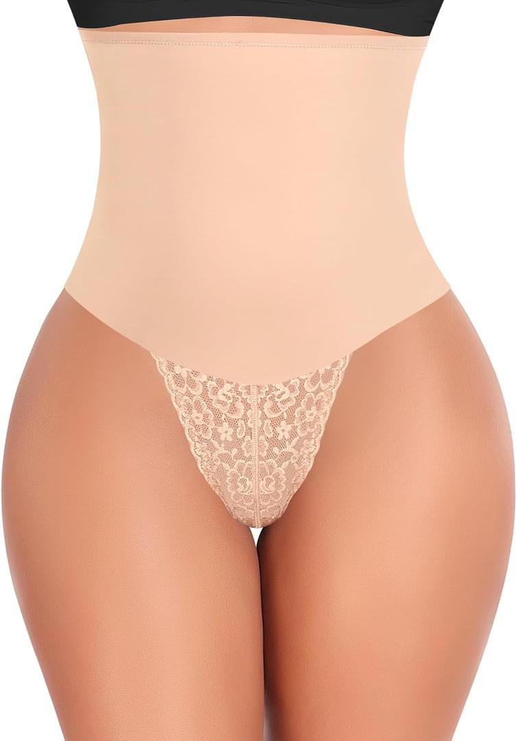 Werena Tummy Control Thong Shapewear for Women Mid High Waisted Body Shaper Underwear Lace Shaping Thong Girdle Panties (X-Large, Beige)