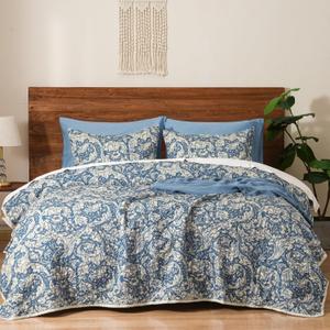 PHF Floral Patchwork Quilt Set King Size, 3 Pieces Reversible Lightweight Quilted Bespread for All Season, Ultra Soft Boho Coverlet Bedding Set 106" x 96"with 2 Pillow Shams, Cornflower