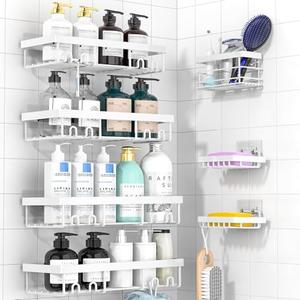 Moforoco 7 Pack Adhesive Shower Organizer Caddy Shelves Rack - Corner Bathroom Storage Organization, Home & Kitchen Decor Inside RV Accessories, Hanging House Apartment Camper Essentials (White)