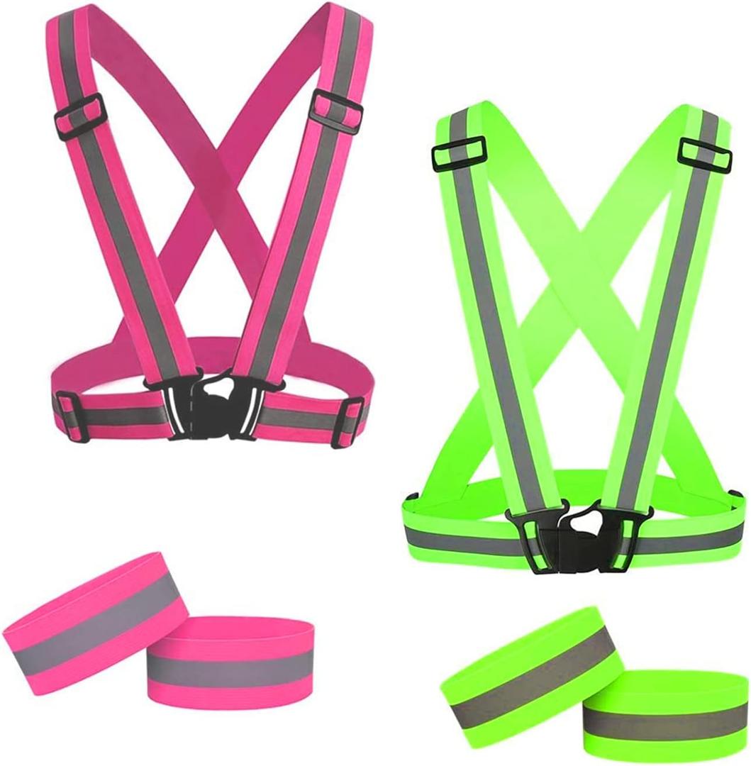 2 Pack Large Size Adjustable Running Reflective Vests, High Visibility Safety Reflective Gears and 2 Pack Reflective Gear Wristbands for Night Running, Biking,Hiking,Jogging and Dog Walking