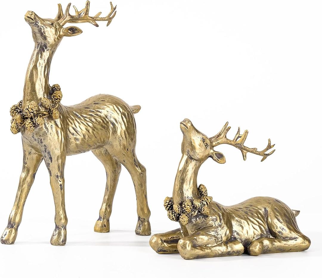DN DECONATION 2pcs Gold Christmas Reindeer Figurines, Tabletop Reindeer Christmas Decor Indoor, Small Resin Xmas Brass Deer Decorations for Home Mantel Decor (Set of 2)