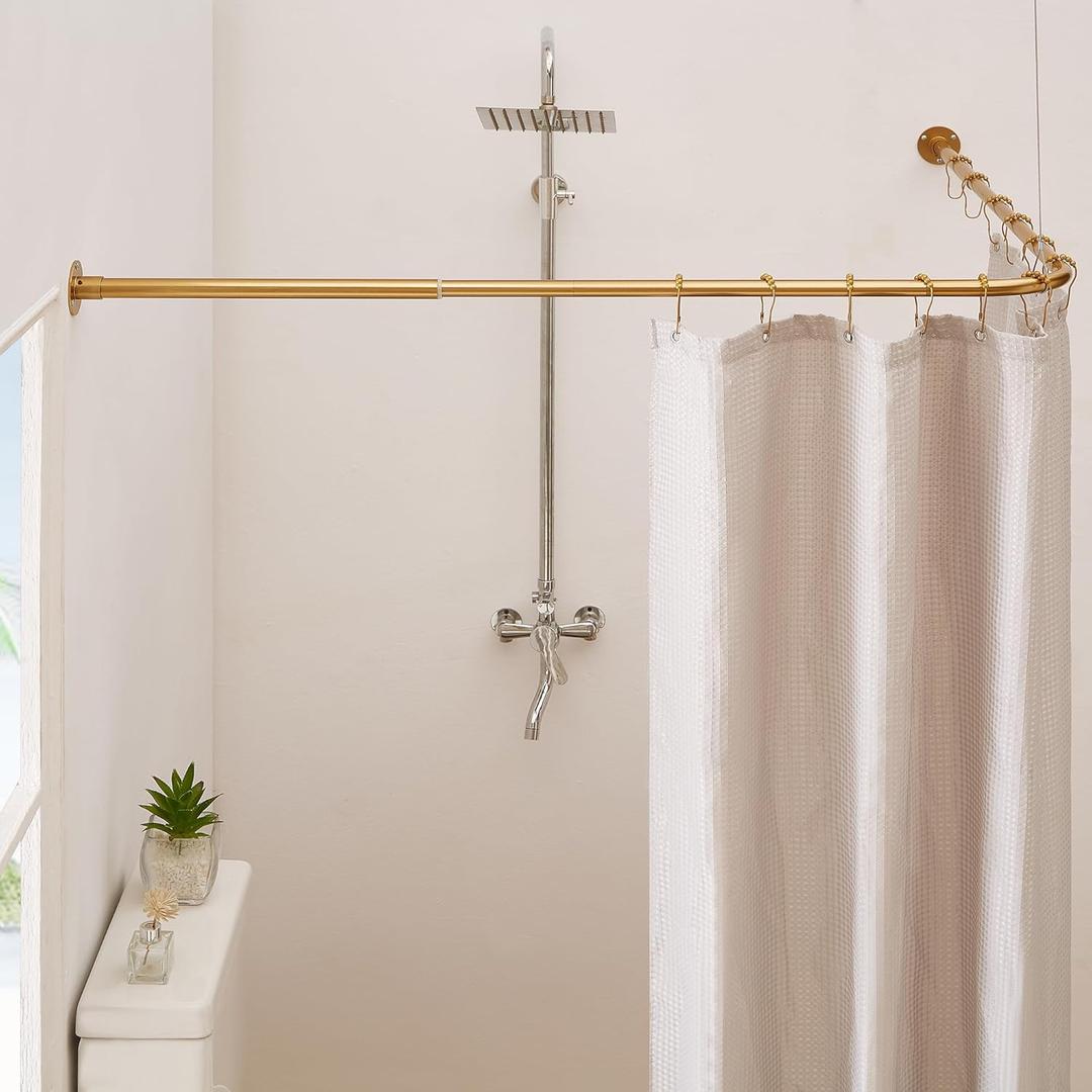 Gold Corner Shower Curtain Rod, [39"-69"] x [55"-85"] Adjustable L Shaped Shower Rod No-Sagging 90 Degree Curved Curtain Rod for Bathroom Bathtub with 12 Ring Hooks & Ceiling Support