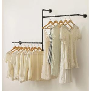 Industrial Pipe Clothing Rack Wall Garment Rack with Pipe Clothes Rails, Multi-Purpose Heavy Duty Clothing Hanging Rods Space-Saving Clothes Bar Organizer Closet (wall clothing rack-2 hanging rods)