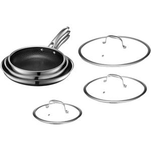 HexClad Hybrid Nonstick 6-Piece Fry Pan Set, 8, 10, and 12-Inch Frying Pans with Tempered Glass Lids, Stay-Cool Handles, Dishwasher-Friendly, Induction Ready, Compatible with All Cooktops