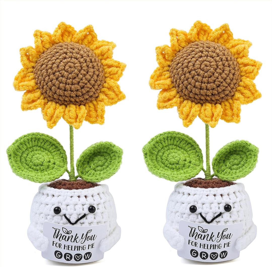 2Pcs Thank You for Helping Me Grow, Handmade Crochet Sunflower for Teacher Appreciation Gifts, Thank You Gifts for Boss Coworker Teacher Women Friend Mom - Bag Includes