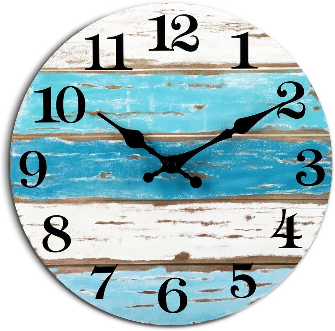 Beach Themed Blue Wall Clocks Battery Operated Silent Non-Ticking, Vintage Round Rustic Coastal Nautical Clock Decorative for Home Kitchen Living Room Office Bathroom Bedroom (10 Inch)
