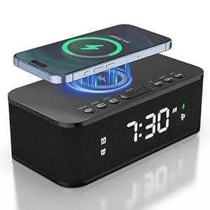 Fansbe Direct Digital Alarm Clock White Noise, Loud Digital Alarm Clocks Bedrooms, Alarm Clock Speaker Wireless Charger AUX USB Bluetooth Speaker 12/ 24H Dual Alarm Snooze Adjustable Brightness, Black