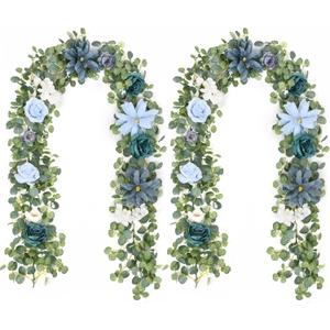 Waipfaru 2Pcs Artificial Eucalyptus Garland with Flowers 6.07Ft, Wedding Table Decorations, Floral Rose Garland for Centerpieces Backdrop Wall Flower Vines for Room Decor (Dusty Blue)