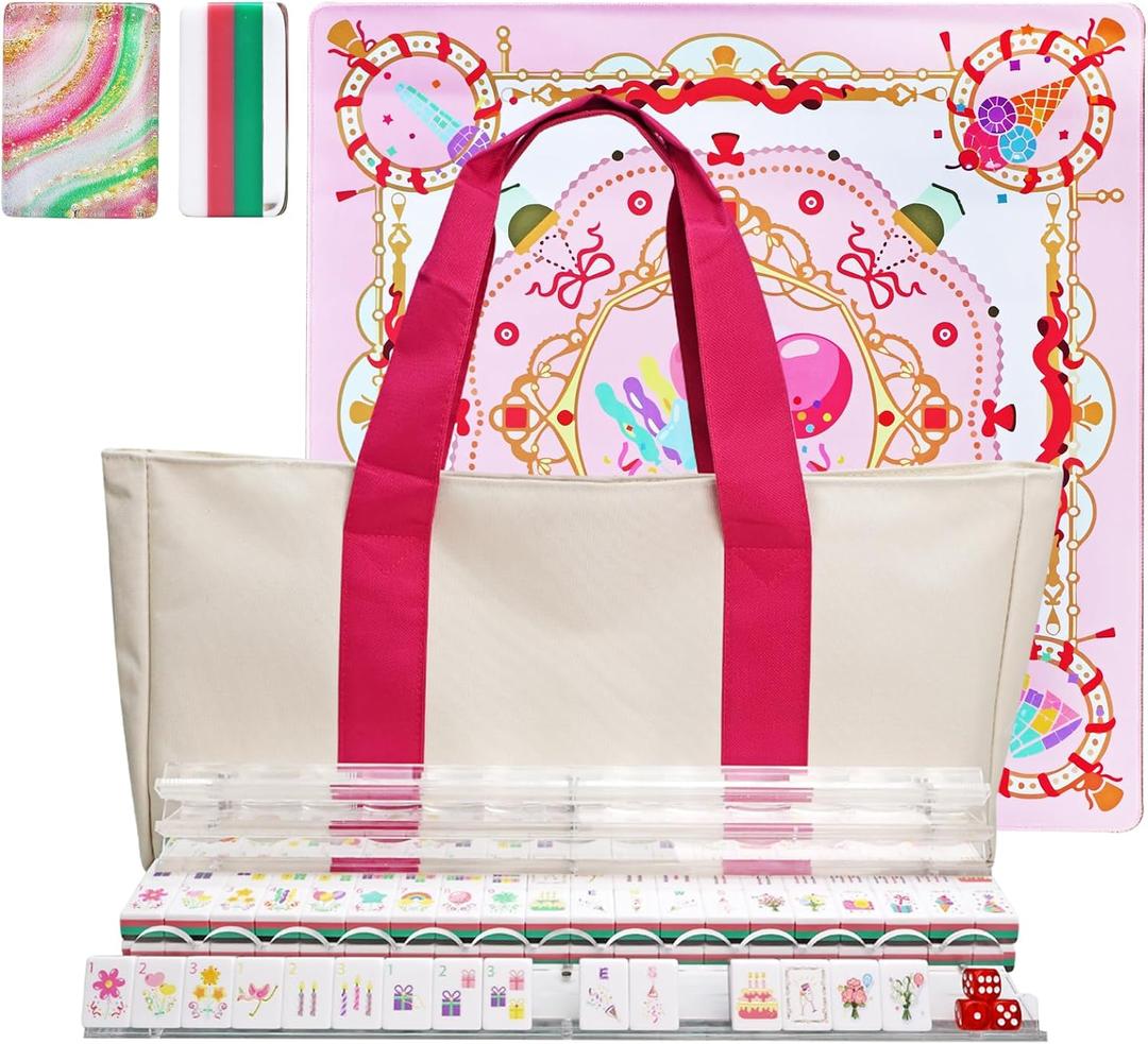 American Acrylic 4-Layer Mahjong Set with Rainbow Translucent Backs, 2 Bags, 4 Acrylic Racks, Silent Mat – Portable American Mahjong Game Set for Adults, Family Game Night & Travel, 0.9" x 1.2" x 0.5"