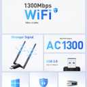 USB WiFi Adapter for Desktop PC - 1300Mbps Wi-Fi 5G 2.4G USB 3.0 Wireless Adapter with WiFi Antenna for Win11/10/7 WiFi Dongle for Desktop PC Laptop Internet Network Wi-Fi Card, Black