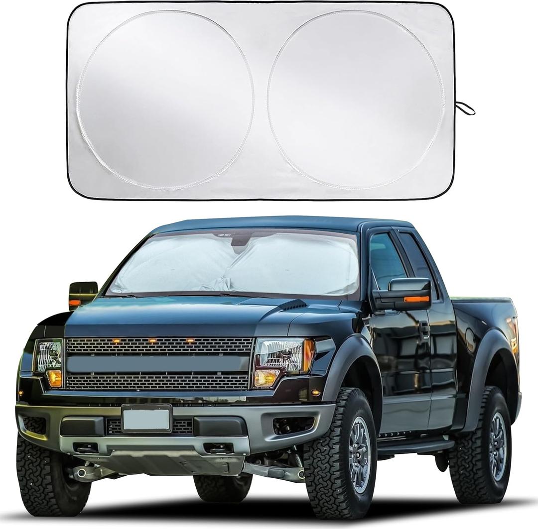 EcoNour Truck Windshield Sun Shade with Storage Pouch | Reflective 240T Material Sun Shield for UV & Heat Protection | Foldable Windshield Cover | Must-Have Truck Accessories | X-Large (69"x35")