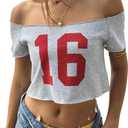 SOLY HUX Women's Off The Shoulder Graphic Tees Number Print Jersey Crop Top Vacation Outfit (Green, M)