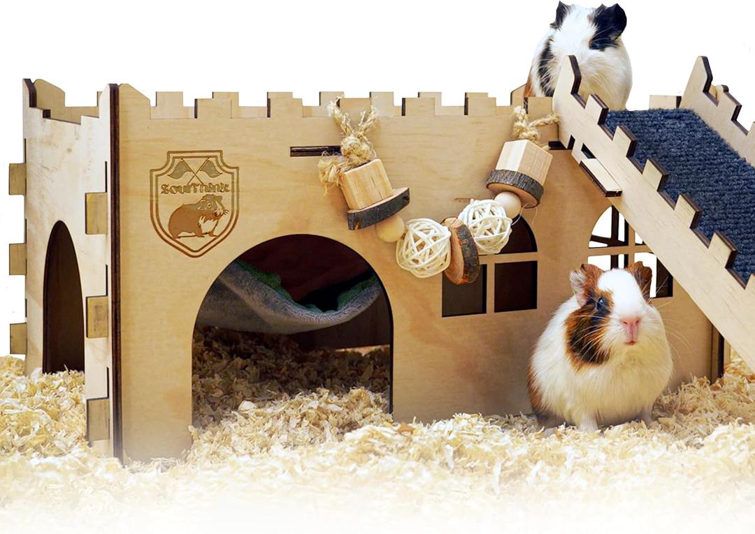 SoulThink Large Guinea Pig Hideout & House - Easy to Assemble Wooden Guinea Pig Castle with Hammock, Ramp and Toys Accessories Habitat Suitable for Hamsters and Chinchilla