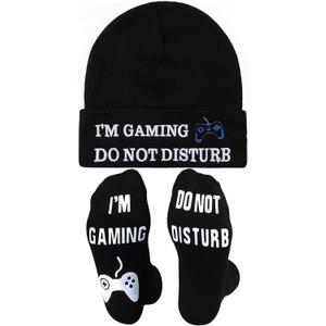 Gamer Gifts, Gaming Beanie Hat Socks, Best Christmas Stocking Stuffers Gifts for Teens Boys Teenagers Him (Black)